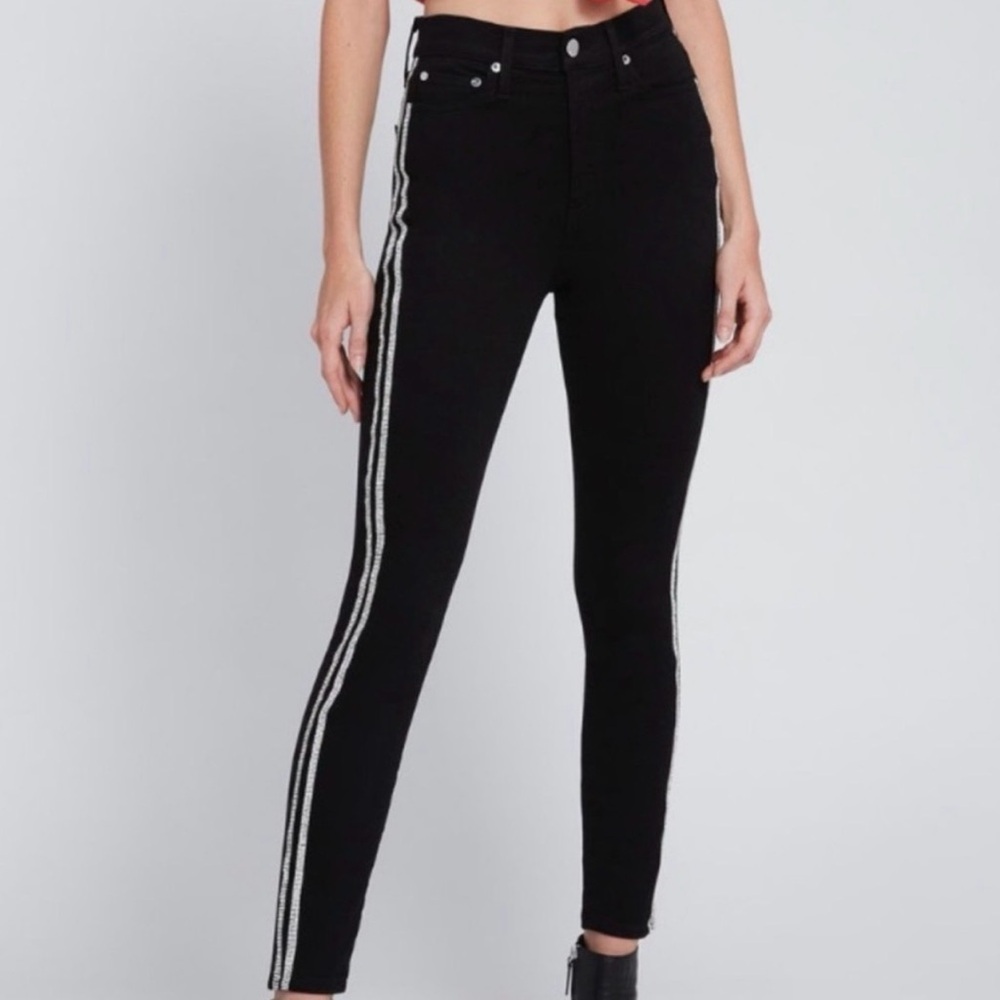Alice & Olivia high rise black skinny jean with rhinestone stripe